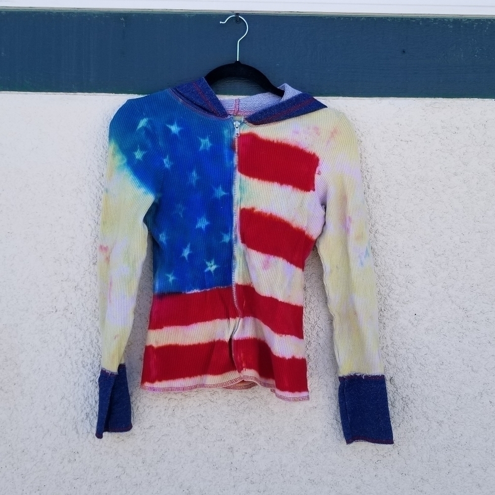 Bella Dahl full-zip waffle-knit hoodie American flag tie dye colorblock small